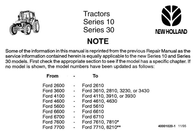 Ford New Holland Series 10 And Series 30 2610 8210 Tractors Service Repair Manual