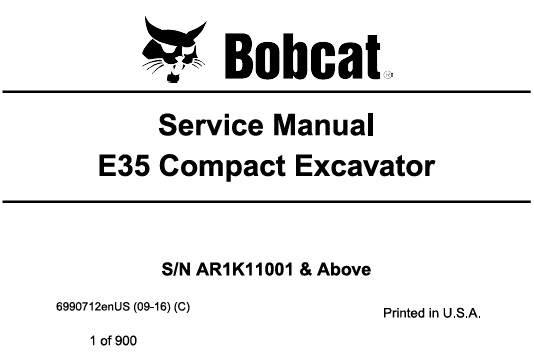 Bobcat E35 Compact Excavator Service Repair Manual