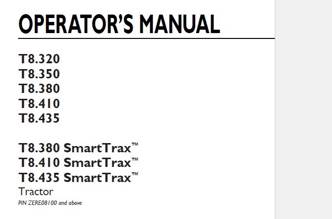 New Holland T8.320, T8.350, T8.380, T8.410, T8.435 (SmartTrax) Tractor Operator Manual ZERE08100