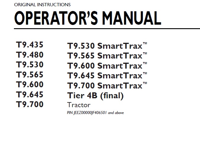 New Holland T9.435 - T9.700 (SmartTrax) Tractor Operator Manual