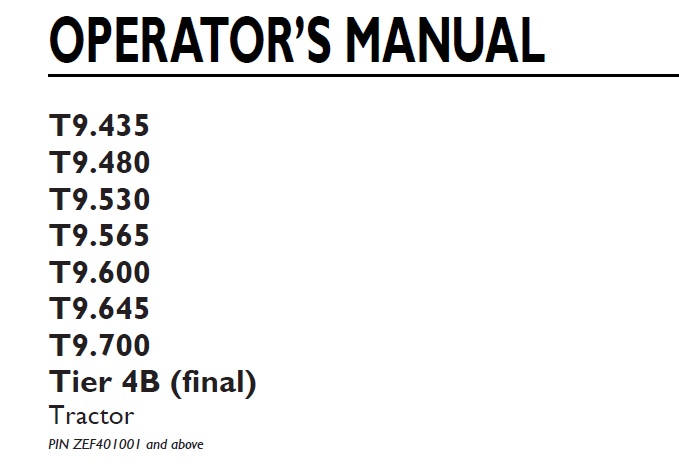 New Holland T9.435 - T9.700 Tractor Operator Manual ZEF40100-