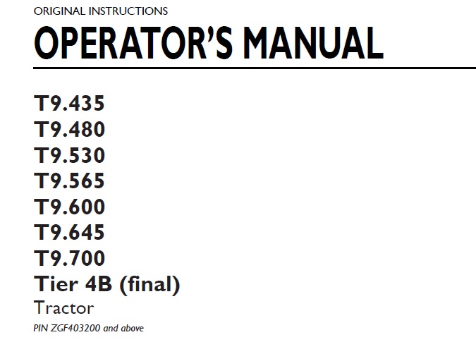 New Holland T9.435 - T9.700 Tractor Operator Manual ZGF403200-