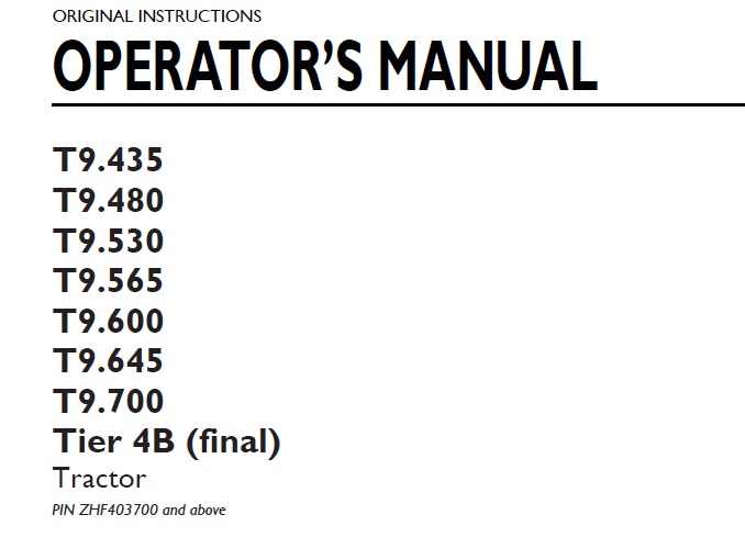 New Holland T9.435 - T9.700 Tractor Operator Manual ZHF403700-