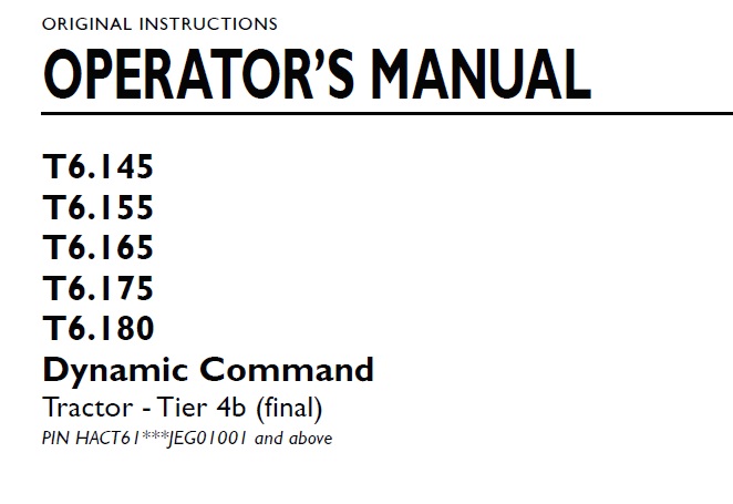 New Holland T6.145, T6.155, T6.165, T6.175, T6.180 Dynamic Command Tractor Operator Manual