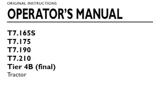 New Holland T7.165S, T7.175, T7.190, T7.210 Tractor Operator Manual