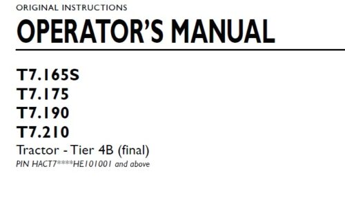 New Holland T7.165S, T7.175, T7.190, T7.210 Tractor Operator Manual HE101001 and above