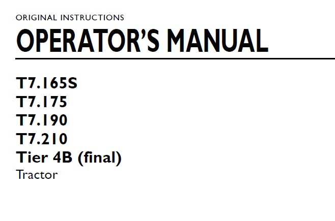 New Holland T7.165S, T7.175, T7.190, T7.210 Tractor Operator Manual