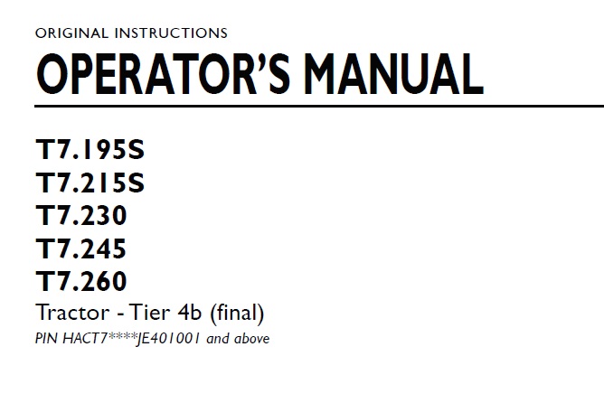 New Holland T7.195S, T7.215S, T7.230, T7.245, T7.260 Tractor Operator Manual