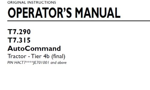 New Holland T7.290, T7.315 AutoCommand Tractor Operator Manual