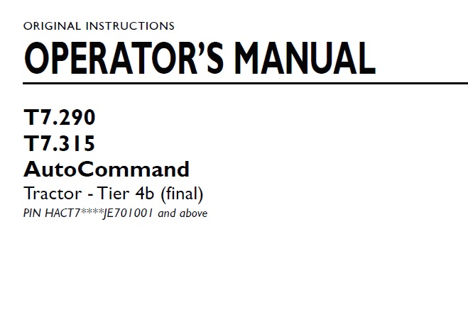 New Holland T7.290, T7.315 AutoCommand Tractor Operator Manual