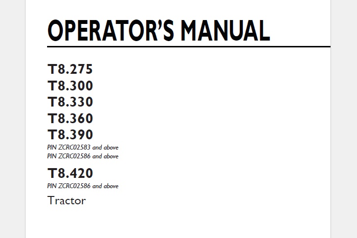 New Holland T8.275, T8.300, T8.330, T8.360, T8.390, T8.420 Tractor Operator Manual